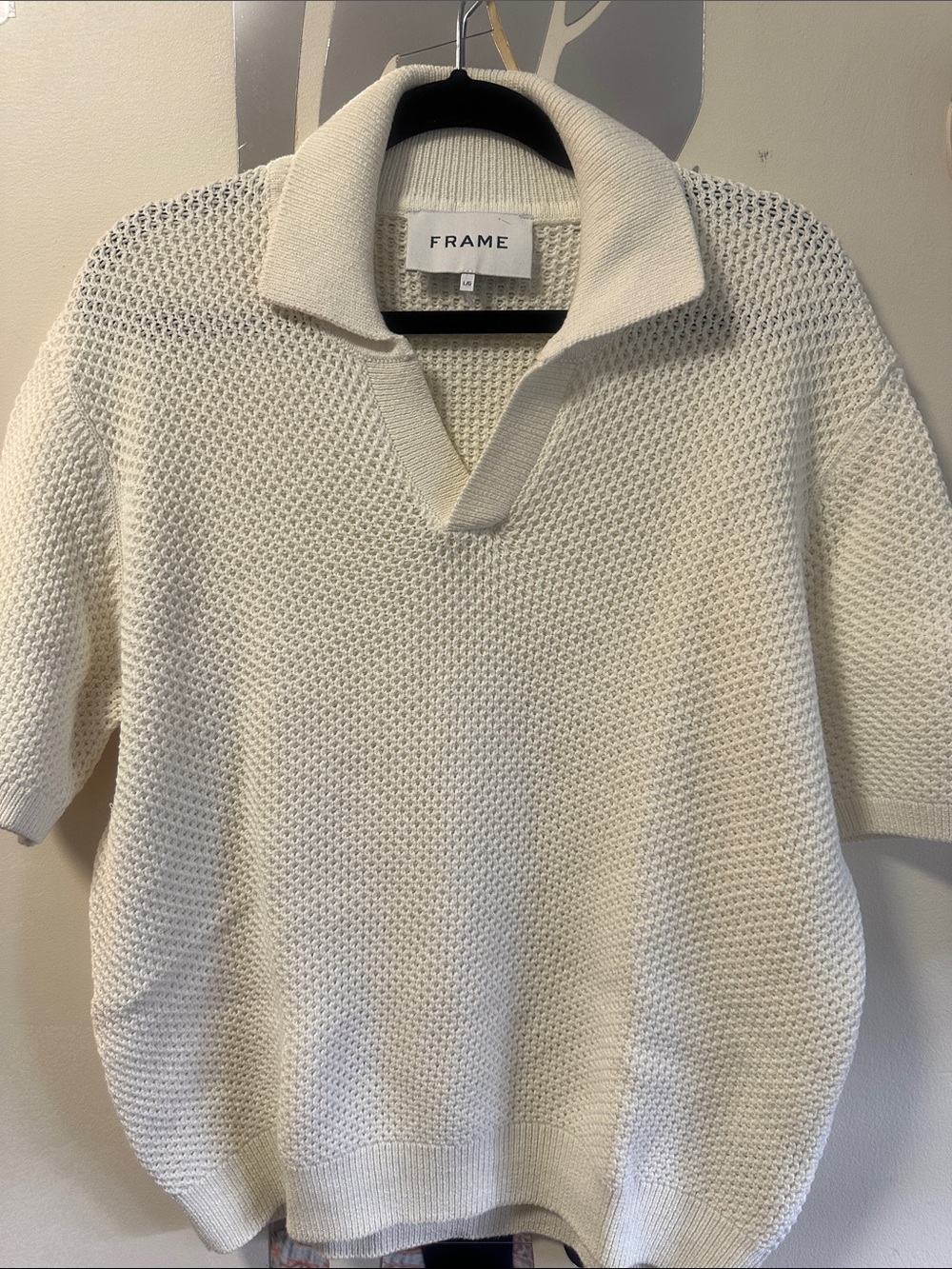 Frame Denim Cream Textured Short-Sleeve Polo Sweater
